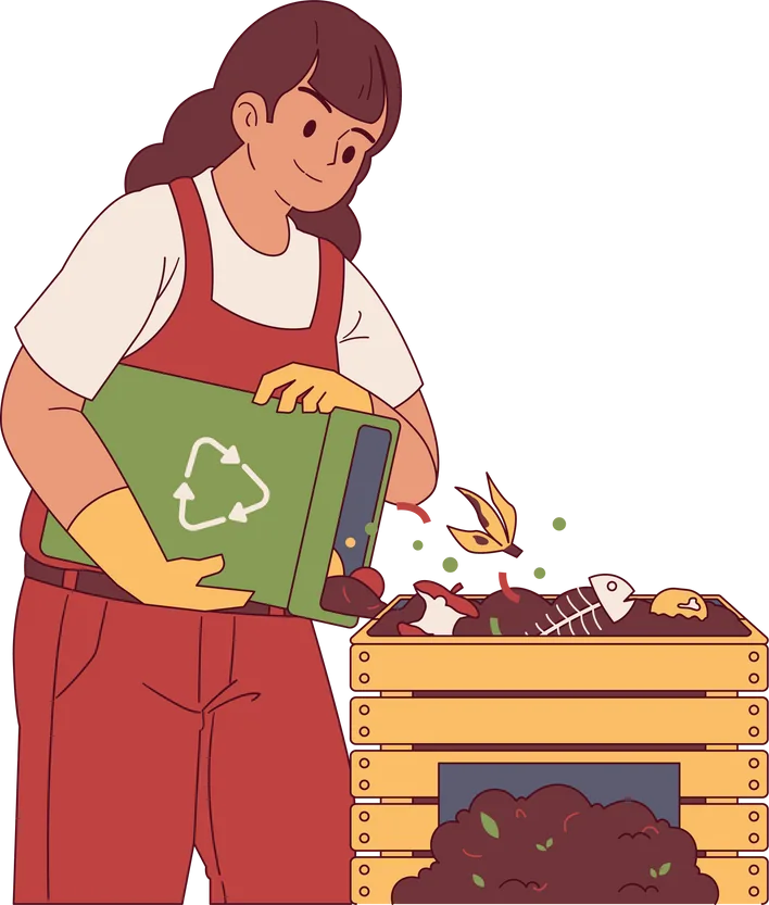 A woman emptying a bin of food scraps into a compost box