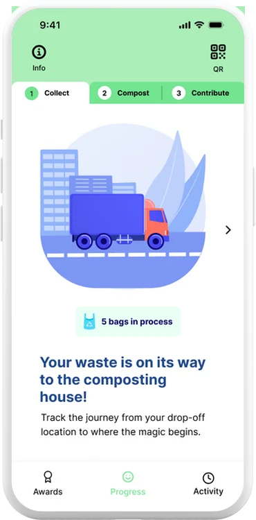 ScrapAsset compost progress screen: “Your waste is on its way to the composting house!”