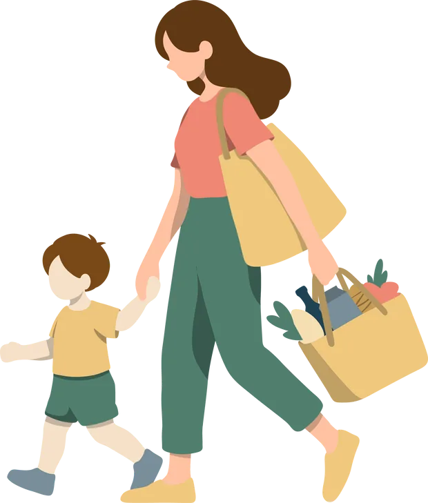 A parent carrying groceries while walking with a young child