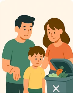 A family looking worriedly at a bin full of food scraps