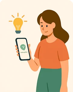 A woman with a lightbulb idea, holding the ScrapAsset app