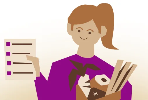 A woman holding a shopping list and a bag of groceries